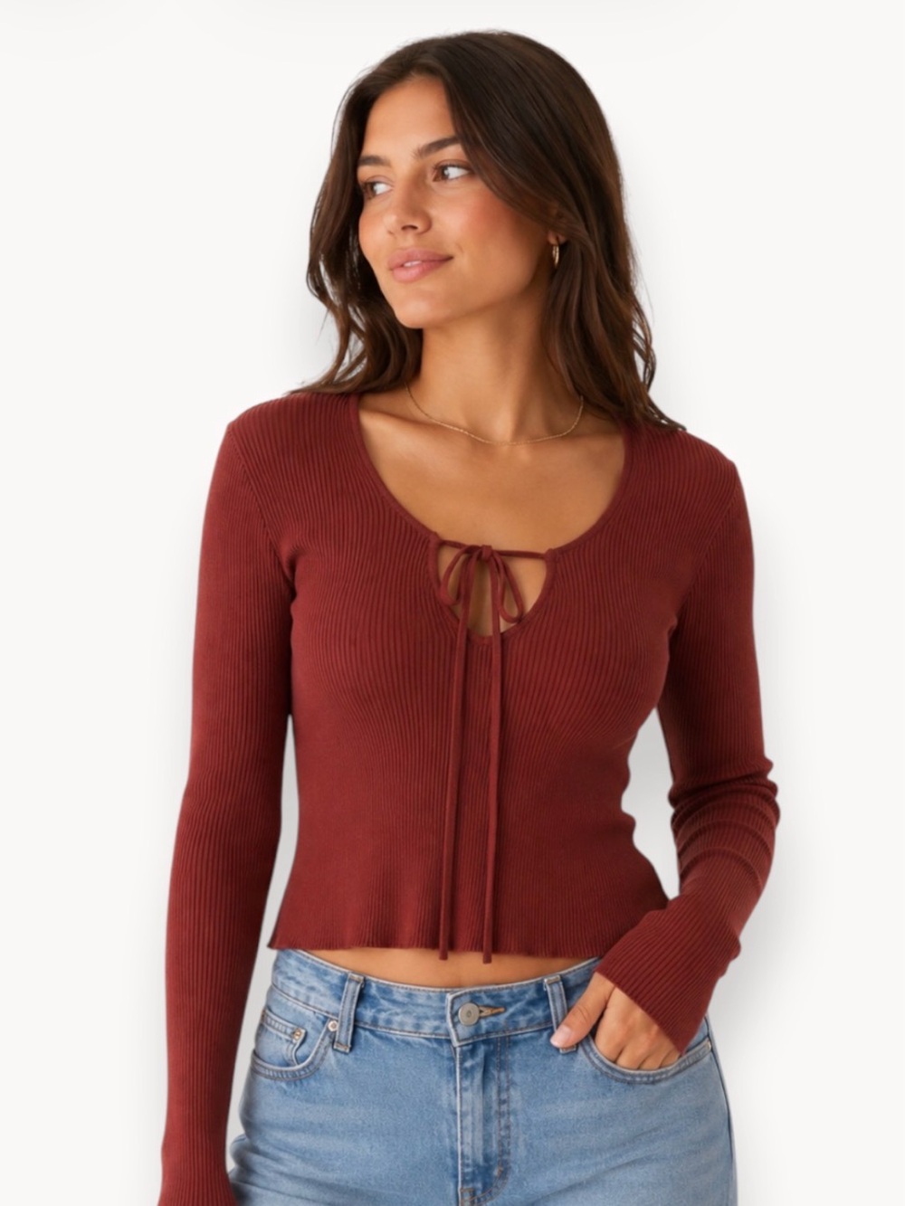 Zara Rust Red Ribbed Long Sleeve Tie-Front Top